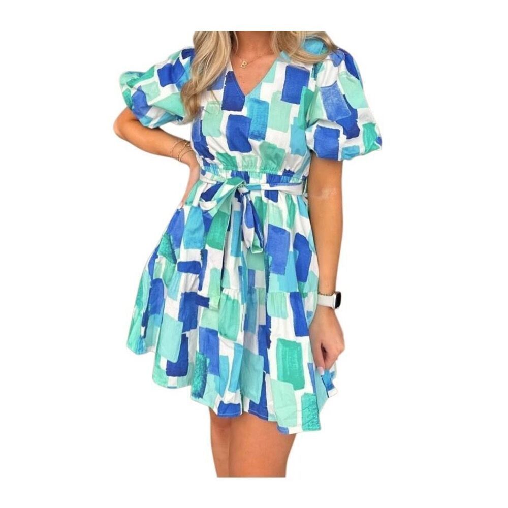 Carole Christian Women’s Multi Puff Sleeve V Neck Dress Sz Small NEW